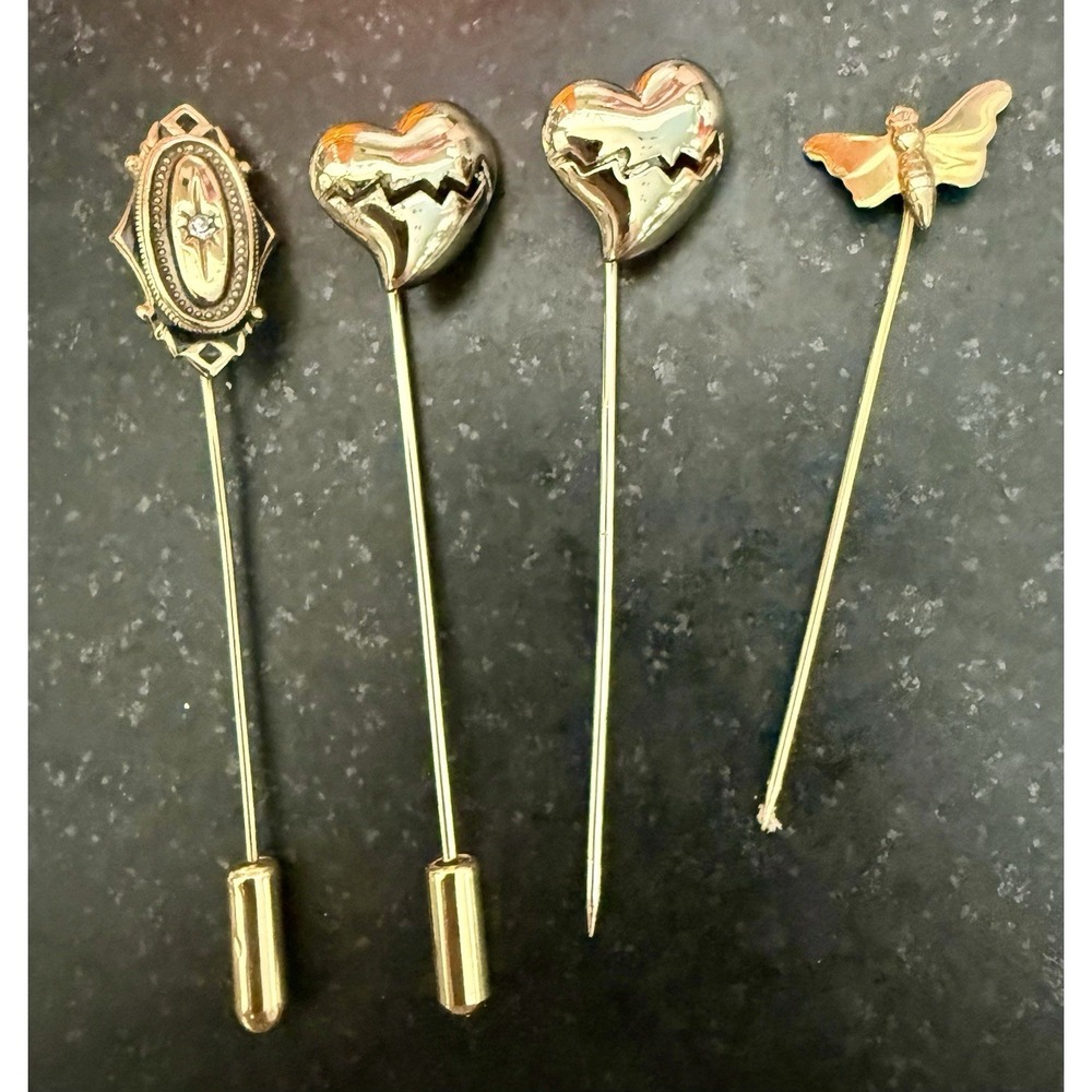 Vintage Stick Pin Lot Avon Rhinestone Hearts Bee Gold Tone 4 Pc Lapel Pins